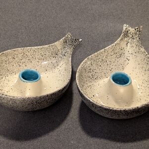 Speckled Ceramic Candle Holders with Blue Accents